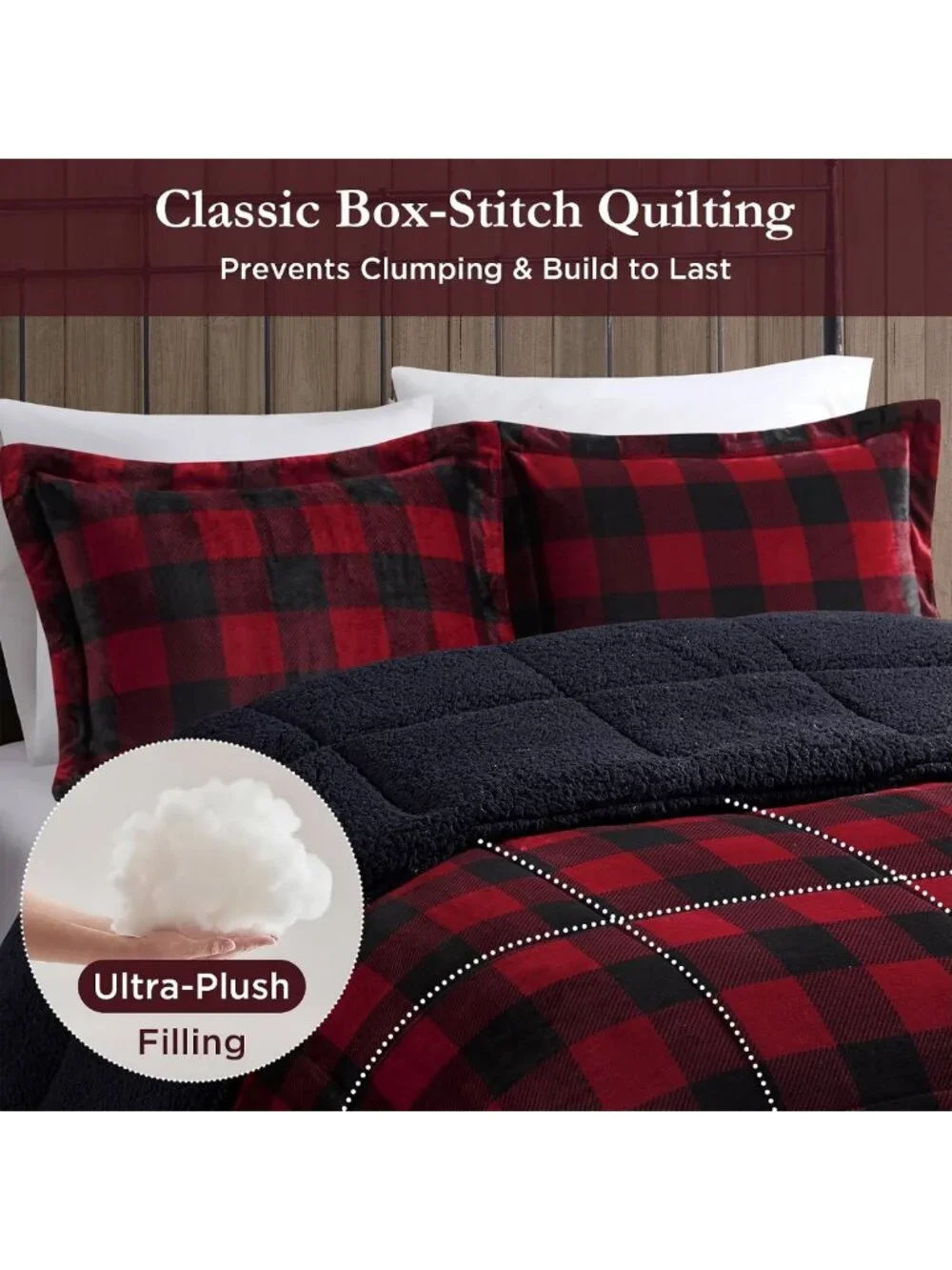 Cozy Reversible Sherpa King Comforter Set, Soft Plush Red & Black 4PC Bedding